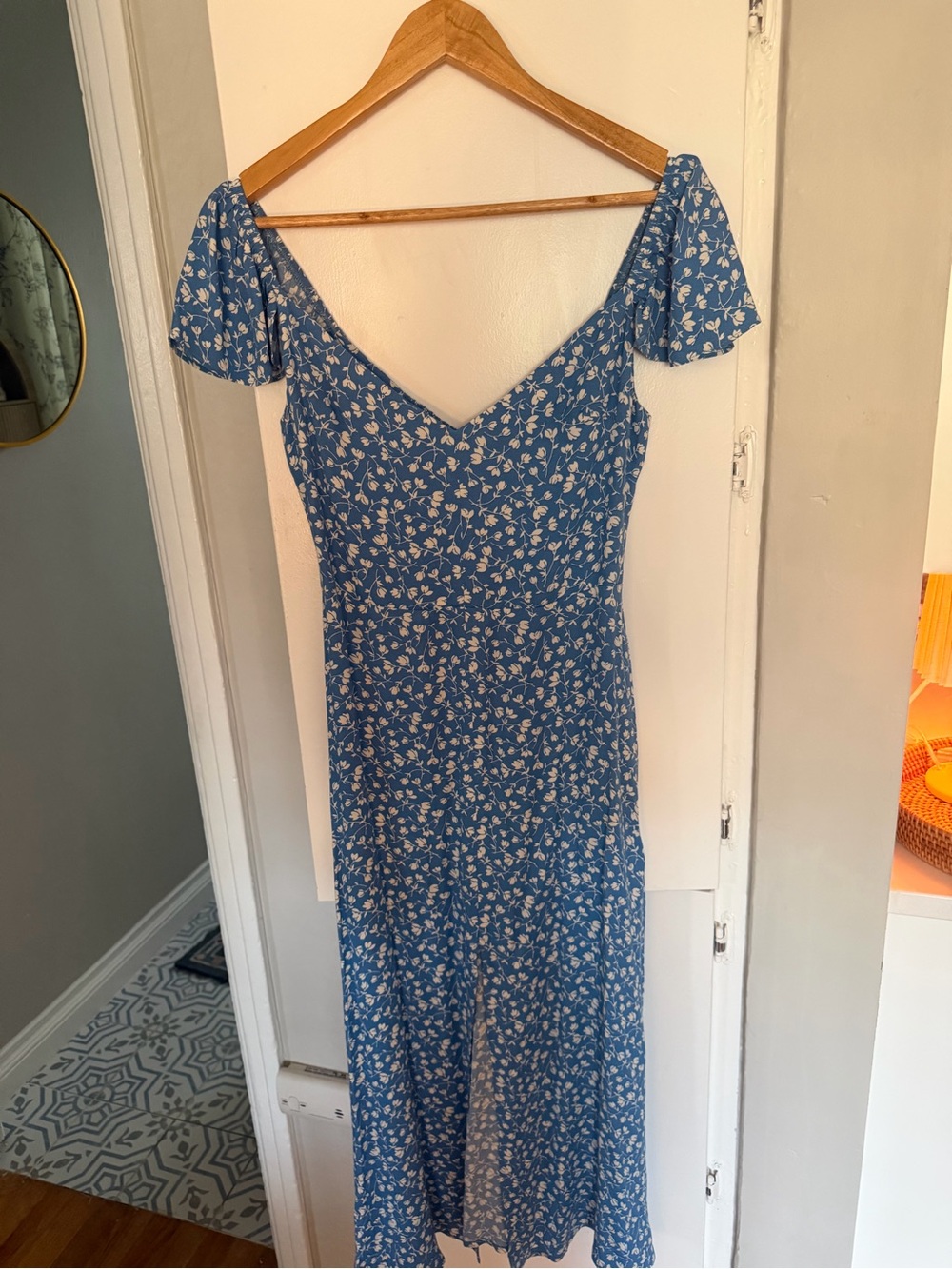 Reformation Blue Floral V-Neck Midi Dress